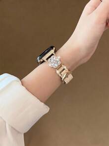 1pc New Women's Genuine Leather Metal Watch Band, Pink, Compatible With Apple Watch 38/40/41/42/44/45/46/49mm, SE Series Ultra 11/10/9/8/7/6/5/4/3/2/1, Comfortable To Wear, Durable Material, Smart Watch Accessory, Women's Accessory, Rose Gold Band, Women's Gift, Women's Watch, Fashionable And Elegant, Women's Smart Watch - Platinum Flower - View 2