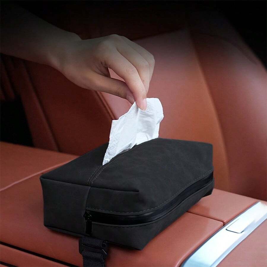 1PC Suede Plush Hanging Car Tissue Box, Delicate Plush Surface Luxury Style, Hanging Design Saves Car Space, Convenient Tissue Dispensing, Beautifies Car Interior - Faux Leather Plush Tissue Box - View 1