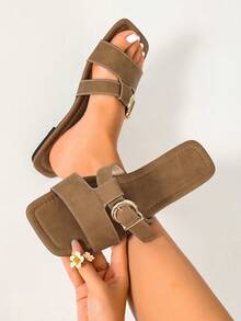 Ximi Ruo 春夏新款女式時尚休閒單帶一字拖鞋，舒適平底低跟圓頭極簡戶外沙灘拖鞋，百搭裝飾平底夏季女款拖鞋 - 棕色 - 查看 3