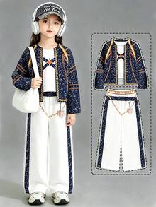 3pcs/Set Pakaian Luar Ruangan Kasual Motif Langit Berbintang untuk Anak Perempuan: Jaket + Rompi + Celana - MultiWarna - View 1