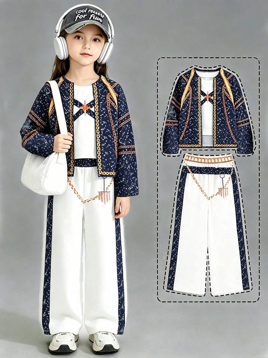 3pcs/Set Pakaian Luar Ruangan Kasual Motif Langit Berbintang untuk Anak Perempuan: Jaket + Rompi + Celana - MultiWarna - View 1