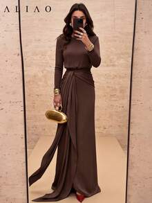 ALIAO Long Sleeve Ribbon Elegant Women's Dress, Suitable For Daily, Dating, Holiday, Wedding Guest, Party, Autumn/Winter Wear - Coffee Brown - View 2