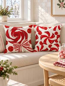 shangxia 4PCS--Red & White Candy Pattern Printed Pillow Covers, Candy Cane & Lollipop HOLLY JOLLY Text Printed Cushion Covers, Pillow Inserts Not Included - Multicolor - View 9