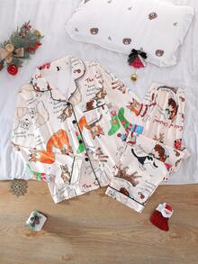2pcs/Set Women's Christmas Long Sleeve Pajama Set, Christmas Cat Gift Pattern, 2-Piece Set, Lapel Collar Button Long Sleeve, Loose Elastic Waist Pants, Suitable For All Seasons, Home Wear, Outdoor Wear, Comfortable And Loose, New Full Print Pattern - Apricot - View 9