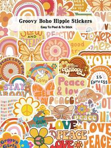 50pcs Groovy Boho Hippie Stickers For Skateboards, Guitars, Laptops, Scrapbooks, Suitcases, Refrigerators, Storage Boxes, Decor DIY Graffiti Stickers - A - View 1