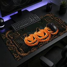 1pc Halloween Jack-O'-Lantern And Gothic Castle Print Extended Mouse Pad, Black Orange Bat Vintage Pattern Keyboard Desk Mat, Dark Desktop Decor - View 4