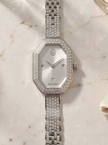 Swarovski 1 buah Jam Tangan Quartz Segi Delapan Warna Perak dengan Tali Paduan Seng Bertatahkan Berlian Imitasi Kaca, Jam Tangan Elegan untuk Wanita, Cocok untuk Pesta dan Penggunaan Sehari-hari - Putih - View 6