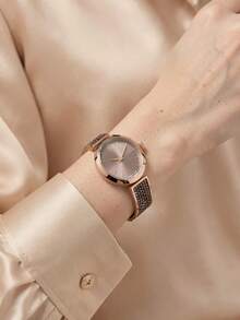 Swarovski 1pc Rose Gold Tone Oval Quartz Wrist Watch With Glass Rhinestone Strap, Elegant Women Watch For Daily Party - Brown - View 5