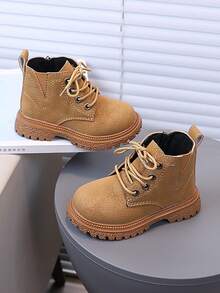 Retro Kids Lace-Up Ankle Boots Side Zipper Easy On/Off Thick Rope Laces Chunky Sole Non-Slip Casual Shoes For Boys Girls School Daily Wear - Khaki - View 5