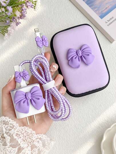 1 Set Girly Bow Protector Set, Soft Shell Anti-Fall Anti-Scratch Protective Case Extends Lifespan, Gentle Girly Ins Style Compatible With Iphone 18-20W Charger, Can Be Used As Birthday, Holiday Creative Small Gift, Halloween, Christmas Gift