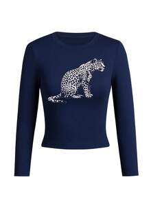 Women's Round Neck Long Sleeve T-Shirt, Spring/Autumn New Leopard Print, American Fashion Slim Fit Versatile Crop Top - Navy - View 3