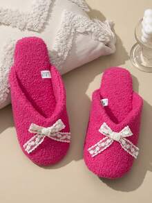 Women's New All-Season Closed-Toe Soft Sole Slippers, Indoor Home Comfortable Quiet Lace Bow Design Non-Slip Slippers, Bedroom Living Room Office Floor Slippers - Hot Pink - View 5