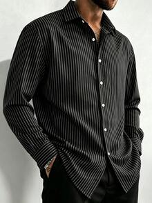 Retro Striped Casual Commuter 3D Digital Print Plus Size Men's Lightweight Button Pocket Long Sleeve Shirt, Absorbs Sweat - Black - View 1