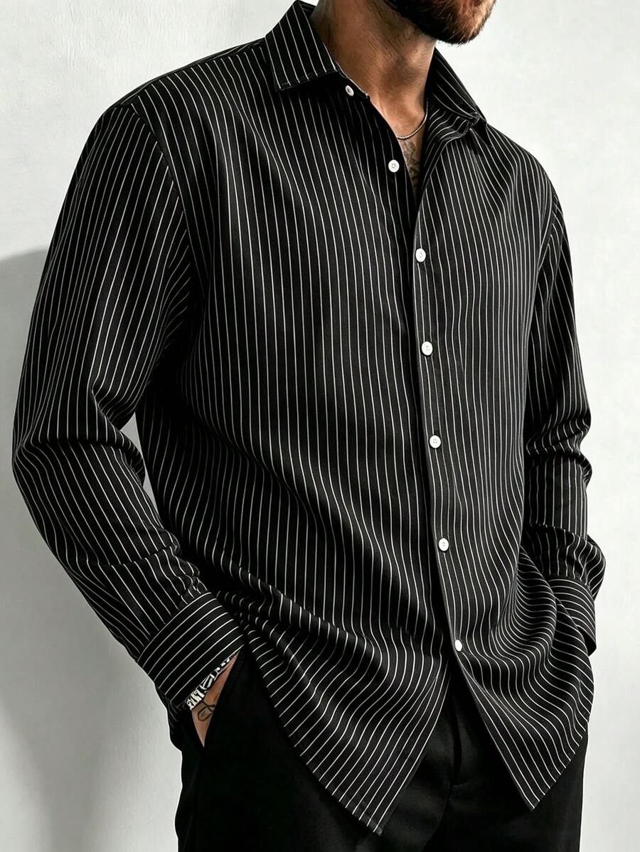 Retro Striped Casual Commuter 3D Digital Print Plus Size Men's Lightweight Button Pocket Long Sleeve Shirt, Absorbs Sweat - Black - View 1