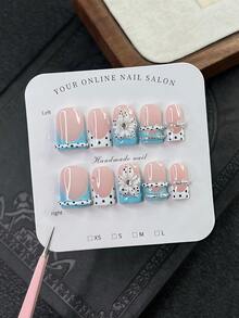 10pcs/Set Y2K Nails Handmade, Cute Nails, Pink Nails, Blue Nails, 3D Flowers Nails & Blue French Tip Nails, Perfect For Parties & Daily Wear. Short Square Nails. Handmade Press On Nails Square, Fake Nails, Short Nails, Handmade Nails, Fall Nails - Multicolor - View 10