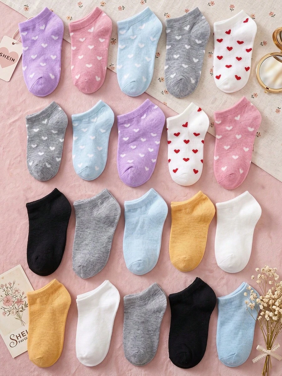 20/10 Pairs 1-12 Years Old Girls Fashion Heart Pattern Combination Shallow Boat Socks Versatile Short Socks - Multicolor - View 1
