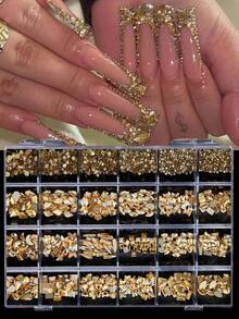 12-Grid Champagne Rhinestone Nail Art Decor Set, Flat Back Irregular Rhinestone Nail Decorations - Champagne - View 4
