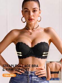 Women's Strapless Lace Lining Push-Up Bra, Detachable Shoulder Straps, Supportive & Comfortable, Fashionable Style, Suitable For Daily Wear & Occasions - Black - View 2
