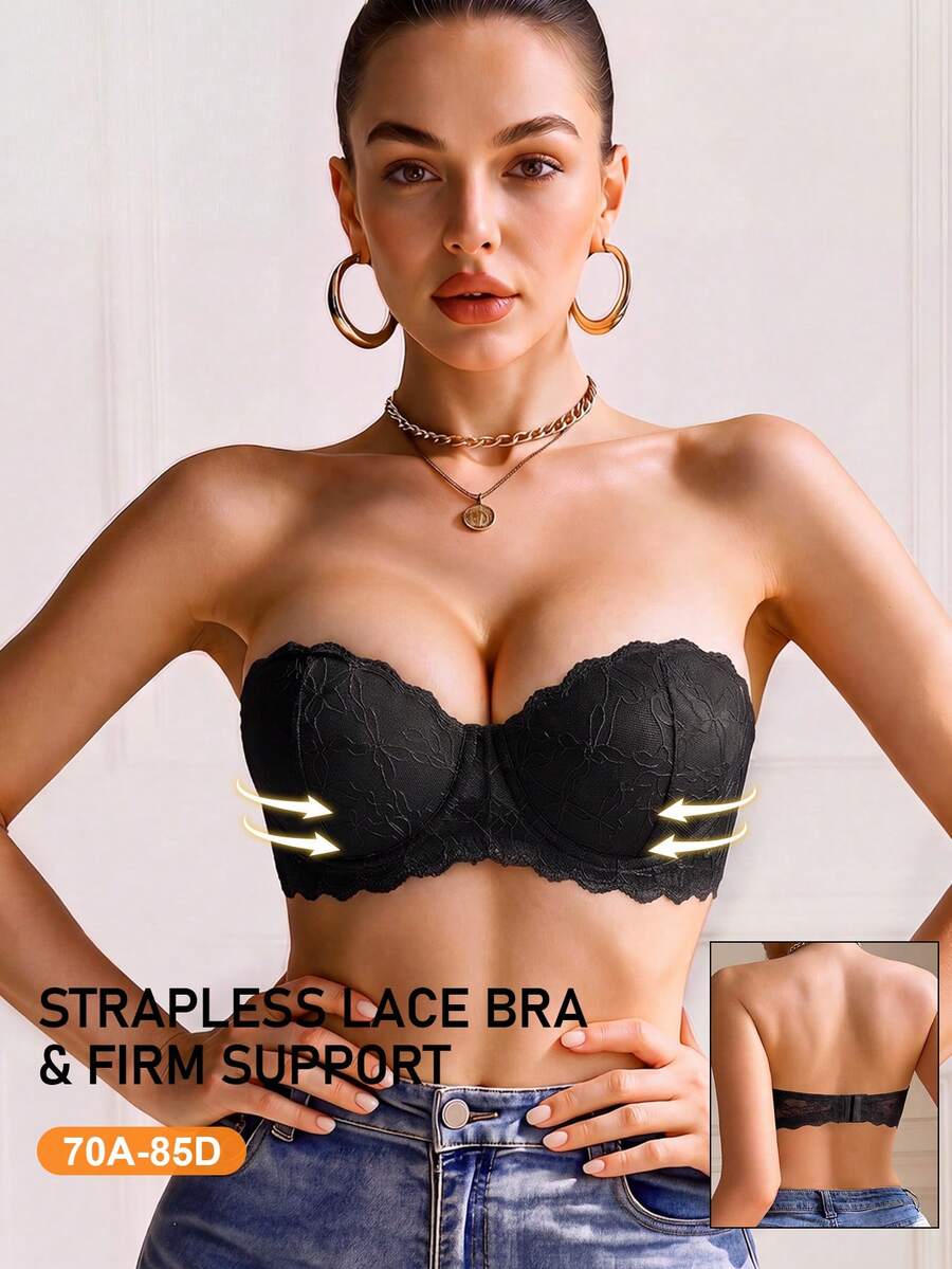 Women's Strapless Lace Lining Push-Up Bra, Detachable Shoulder Straps, Supportive & Comfortable, Fashionable Style, Suitable For Daily Wear & Occasions