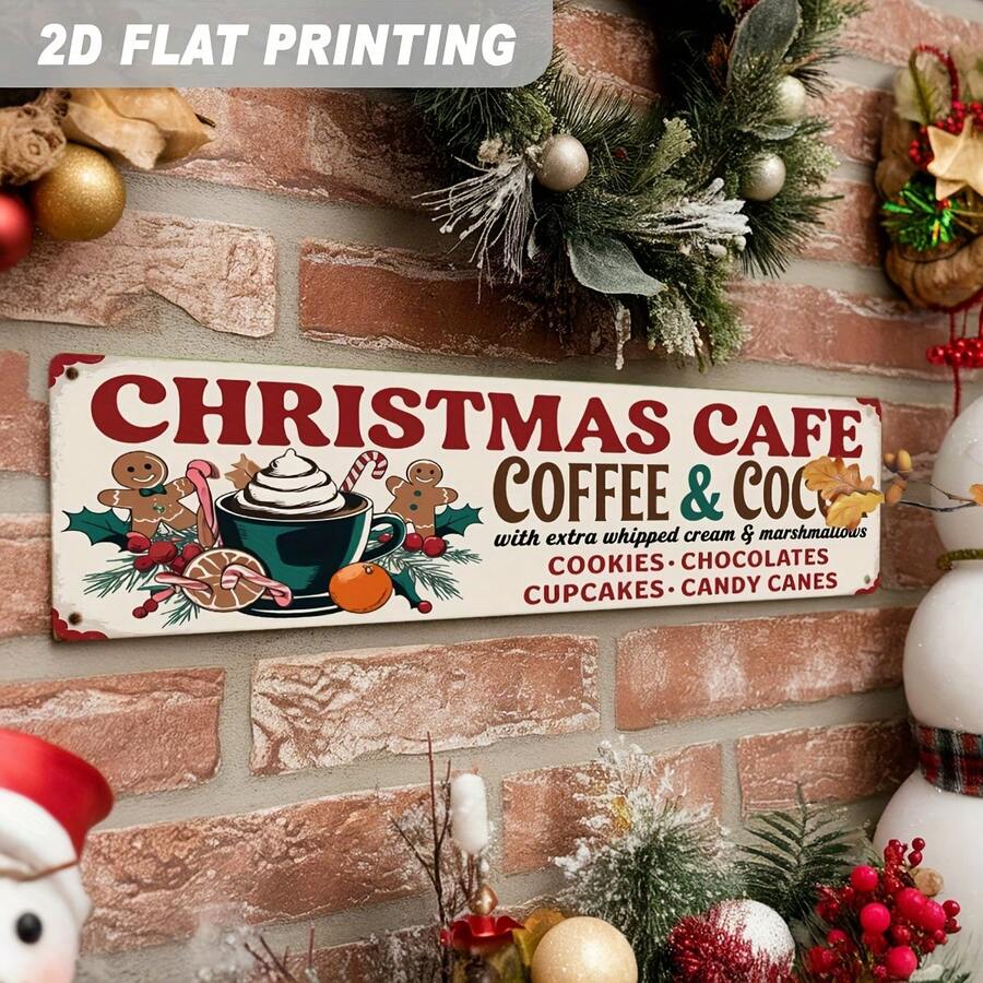 2D Flat Metal Sign, Christmas Cafe Theme, Coffee And Cocoa Topped With Extra Cream And Marshmallows, Perfect For Holiday Decor, Ideal For Kitchen (Random Style) - A - View 1