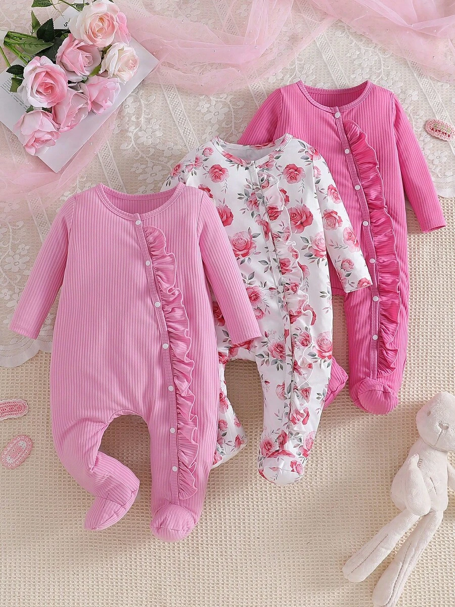 3pcs Baby Girl Casual Floral Print And Solid Color Button Long Sleeve Rompers, Newborn Bodysuits Perfect For Toddler Daily Wear - Pink - View 1
