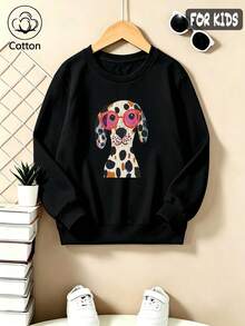Cute Kids' Loose Fit Round Neck Long Sleeve Sweatshirt With Cartoon Dog Wearing Pink Glasses Print, - Black - View 3