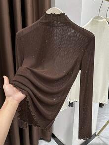 Brown Mesh Layering Top 2026 New Style Long Sleeve Ruffle Lace Trim Mock Neck Blouse For Women Autumn/Winter - Coffee Brown - View 3