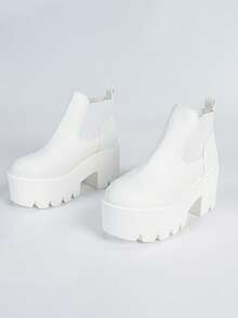 Boots Fashion Women's White Wedge Heel Thick Sole Casual Elastic Band Round Toe Slip-On Chelsea Ankle Boots - White - View 6