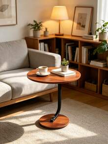 Modern Round Side Table, 40 Cm Marble-Effect & Walnut Top, 58 Cm High, Thick Steel Frame, Sofa & Bedside Accent Table – 3 Colours - Mocha Brown - View 2