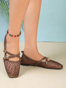 Women's Coffee Brown Flat Mary Jane Shoes With Mesh Strap And Cross Buckle Design - Coffee Brown - View 3