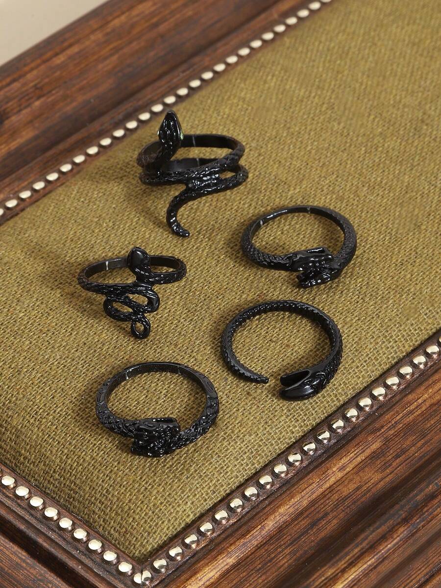 European & American Gothic Punk Hip Hop American Street Style Cool Snake Personalized Ring Set - Black - View 1