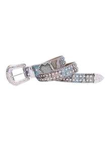 1pc Sparkling Rhinestone Belt Street Fashion Suitable For Plus Size Women And Men - Perfect For Western Cowgirl And Cowboy Outfits, Dresses And Jeans - Dusty Blue - View 2
