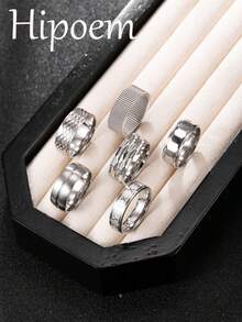 Hipoem Set Cincin Pria Stainless Steel Bergaya 6 Buah dengan Motif Ular Jala dan Elemen Angka Romawi, Cocok untuk Pemakaian Sehari-hari, Kencan, dan Aksesori Pesta Halloween - Perak - View 8