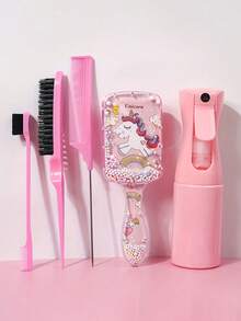 5pcs Unicorn Cartoon Hair Comb Set, Continuous Spray Water Bottle, Hair Styling Comb, Travel Portable Tools, Suitable For All Hair Types - Multicolor - View 12