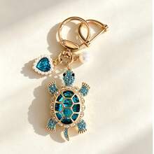Full Rhinestone Cute Artificial Crystal Turtle Car Key Chain Creative Heart-Shaped Faux Pearl Car Key Ring Pendant Key Accessory Car Key Home Key Ring Decorative Pendant - A - View 7