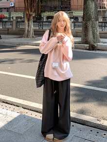 Women's Embroidered Asymmetric Shoulder Long Sleeve Casual Design Pullover Top - Pink - View 5
