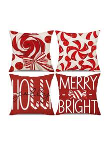 shangxia 4PCS--Red & White Candy Pattern Printed Pillow Covers, Candy Cane & Lollipop HOLLY JOLLY Text Printed Cushion Covers, Pillow Inserts Not Included - Multicolor - View 12