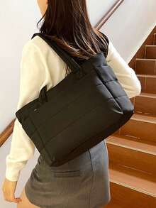 Tote Bag With Quilted Padded Body, Double Wide Strap Design, Side External Pockets For Convenient Storage Of Small Items. Ample Capacity To Hold Books, Laptop And Other Personal Belongings, Minimalist Lightweight Style Suitable For Daily Outings, Easily Elevating Your Overall Outfit Style. - Black - View 2
