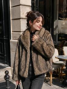 Comfortable Women's Regular Fit Faux Fur Coat, Collar Long Sleeve, Creating Elegant Winter Outfit - Brown - View 1