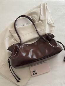 1pc Coffee Brown Solid Color PU Large Capacity Tote Bag Women's Shoulder Bag - Coffee Brown - View 4