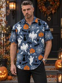 Men Plus Size Halloween Print Turn-Down Collar Chest Pocket Holiday Fashion Casual Short Sleeve Shirt - Multicolor - View 1