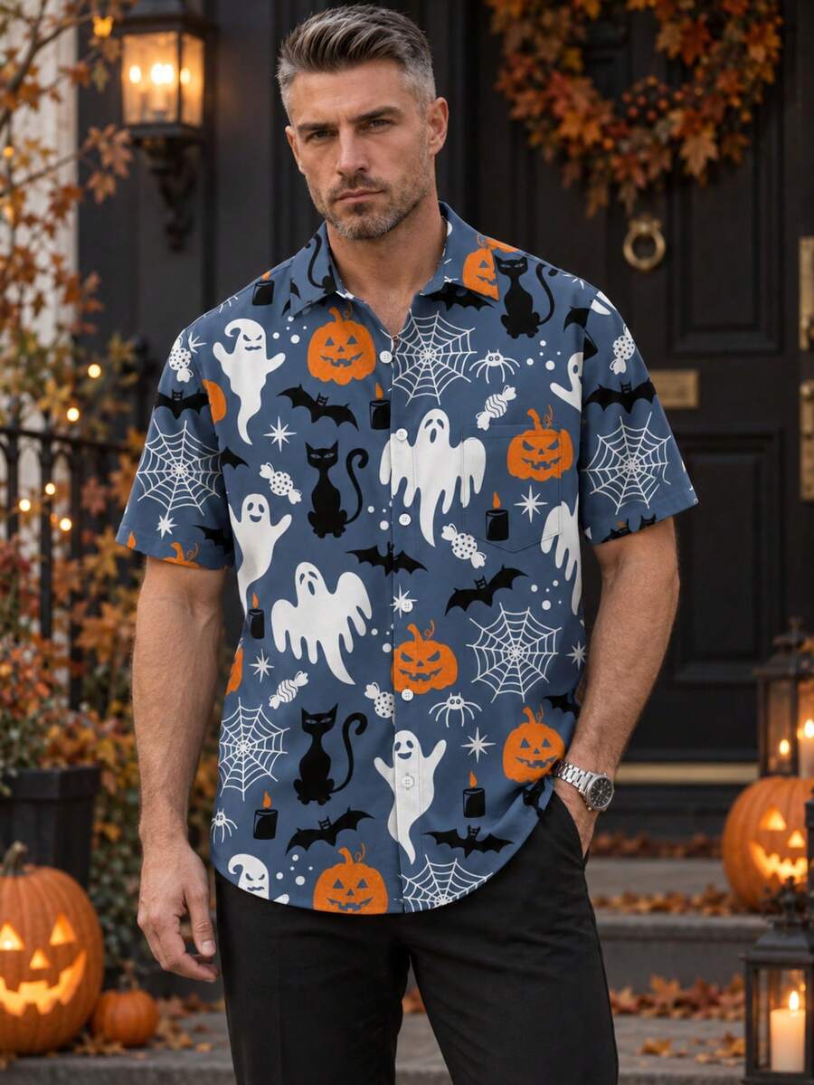 Men Plus Size Halloween Print Turn-Down Collar Chest Pocket Holiday Fashion Casual Short Sleeve Shirt - Multicolor - View 1