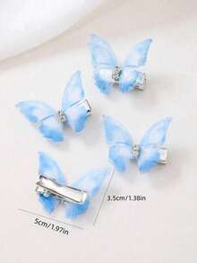 10pcs/Pack Light Blue Double Layer Crystal Mesh Butterfly Hair Clips, Cute Princess Style Hair Accessories Claw Clips Hairpins, Student Supplies Set Suitable For Various Occasions And Daily Wear - Blue - View 2