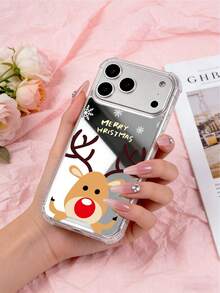 Silver Mirror Finish Christmas Reindeer Phone Case, Cute Red Nose Deer With Snowflake Pattern, Merry Christmas Design, Festive Holiday Gift For Women - Multicolor - View 4