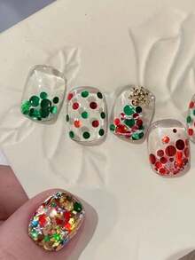 1box Christmas Fall Autumn Red & Green Round Sequin Nail Art Decoration Material, Laser Round Glitter Mixed Sizes, Jar Storage, Classic Christmas Color Scheme, Fingernail DIY Decoration, Exquisite & Versatile Nail Art Accessories - Multicolor - View 2