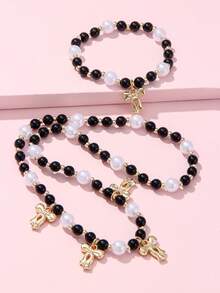 2Pcs Bow Pearl Beaded Necklace & Bracelet Set, For Autumn & Winter Daily Wear, Birthday & Year-End Party Gifts For Girls - Black - View 6