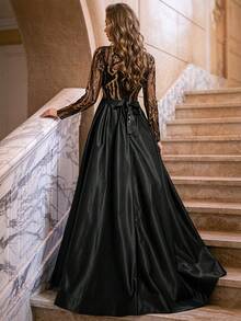 Romagic Đầm dạ hội cổ tròn đính sequin đen & vàng, đầm dạ hội dáng dài sang trọng - màu đen - Xem 6