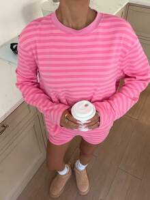 Women's Pink Striped 2 Pieces Loungewear Set, High Elasticity Long Sleeve Top And Shorts, Casual Comfortable Outfit - Pink Stripes - View 6