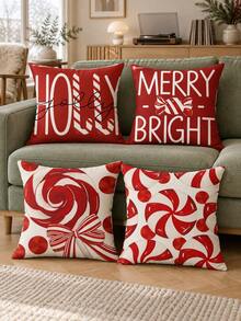 shangxia 4PCS--Red & White Candy Pattern Printed Pillow Covers, Candy Cane & Lollipop HOLLY JOLLY Text Printed Cushion Covers, Pillow Inserts Not Included - Multicolor - View 7