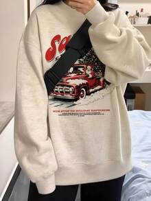 American Vintage Santa's Express Christmas Theme Sweatshirt, Casual Versatile Distressed Truck & Christmas Tree Graphic Crew Neck Autumn Top - White-gray - View 5